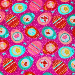 May include: Pink fabric with a repeating pattern of colorful Easter eggs. The eggs are decorated with various designs, including flowers, birds, bunnies, and geometric patterns.