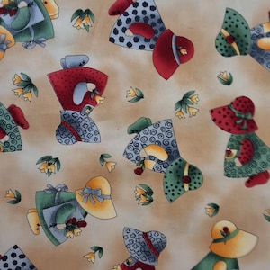 May include: A beige fabric with a repeating pattern of colorful girls wearing different hats and dresses. The girls are holding flowers and are surrounded by small yellow flowers.
