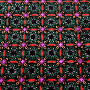 May include: A black fabric with a repeating pattern of green, orange, red, and purple circles and squares.