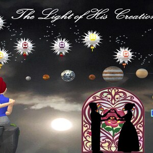 May include: A digital illustration titled The Light of His Creation featuring a dark sky with planets, glowing lanterns, a gold cross, and two figures sitting on a rock. Below, a silhouette of a couple stands before a floral arch with a colorful cross.