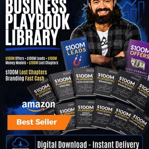 Może przedstawiać: Kolekcja książek pod tytułem The Business Playbook Library, zawierająca $100M Leads, $100M Offers oraz różne tytuły $100M Playbook, takie jak Closing, Pricing i Marketing. Obraz przedstawia uśmiechniętą osobę oraz tekst Amazon Best Seller.