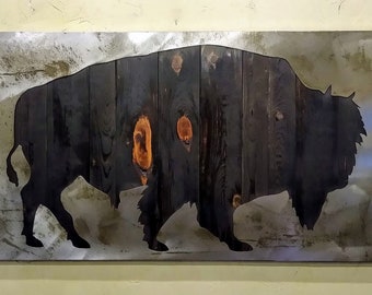 Large Wall Art of an American Bison - Metal Art - Reclaimed Wood and Aged Steel - 30x60 - by Legendary Fine Art