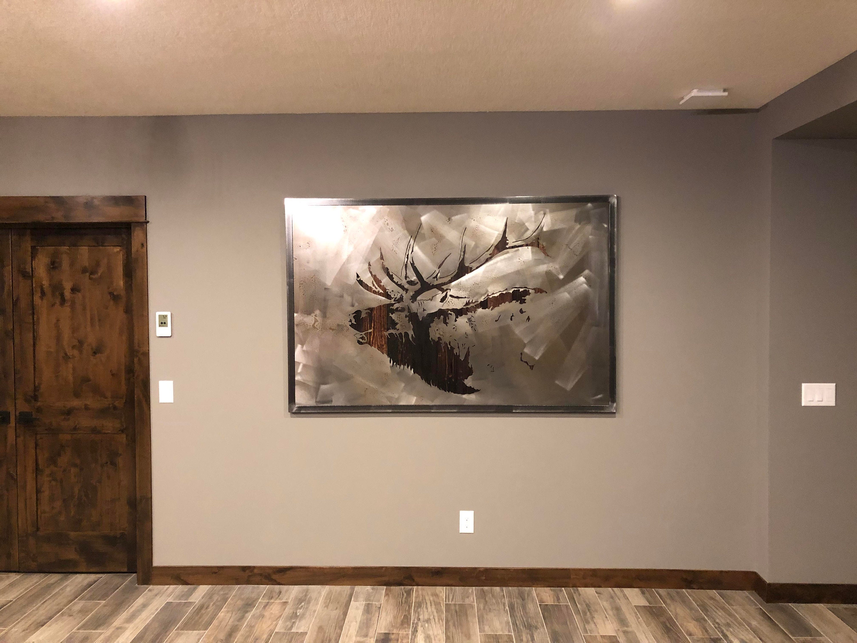 Large Bugling Elk Metal Art 4 feet x 6 feet Reclaimed Wood and Aged