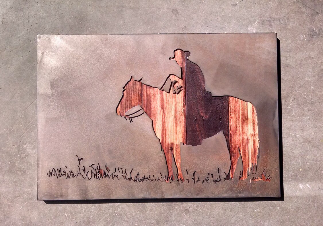 Cowboy And His Horse Metal Art Reclaimed Wood and Aged Steel