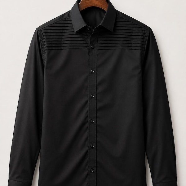 Men's Black Pleated Dress Shirt, Formal Button Down Shirt, Long Sleeve Business Shirt, Slim Fit Office Wear, Wedding Party Shirt for Men