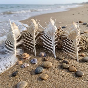 May include: Four off-white Venus comb murex seashells standing upright in a row, each featuring a long, slender central spire and numerous thin, sharp, radiating spines. Several smaller, smooth, rounded pebbles and seashells are scattered nearby.