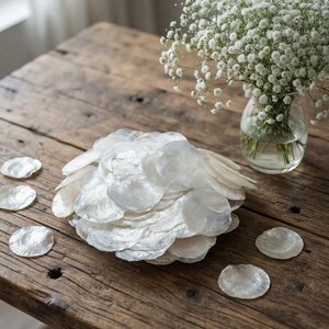 May include: A cluster of iridescent, circular white capiz shells arranged in a rounded pile, accompanied by several loose individual shells scattered nearby. The shells feature a translucent, pearlescent finish with a smooth, thin texture.