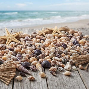 May include: A collection of assorted small seashells in shades of tan, brown, cream, and dark purple, accompanied by two light tan starfish and two pieces of thick, frayed jute rope, all arranged on a weathered grey wooden surface.