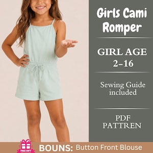 Könnte beinhalten: Ein hellgrüner ärmelloser Strampler mit dünnen Trägern und elastischem Kordelzug in der Taille. Der Text lautet: Girls Cami Romper, GIRL AGE 2-16, Sewing Guide included, PDF PATTREN, BOUNS: Button Front Blouse. Der Strampler ist schlicht und einfarbig.
