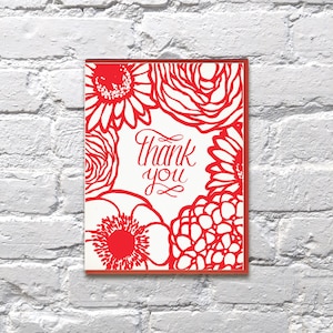 Merci Red Flowers lettrepress carte