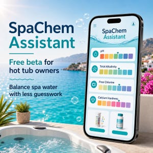 Könnte beinhalten: Ein Smartphone mit der Benutzeroberfläche der SpaChem Assistant App, die farbcodierte Diagramme für pH-Wert, Gesamtalkalität, freies Chlor und Kalziumhärte sowie Bilder von Teststreifen und einer Chemikalienflasche für die Whirlpoolpflege zeigt.