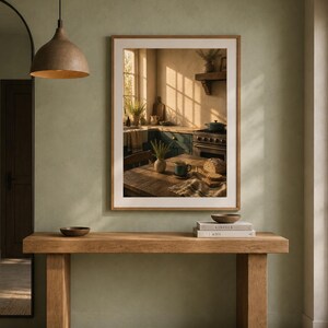 Könnte beinhalten: Ein rechteckiger gerahmter Kunstdruck, der eine sonnendurchflutete Küche mit einem Holztisch, einem Herd und einem Fenster zeigt. Das Kunstwerk hängt über einem langen, dicken Holzkonsolentisch mit zwei gestapelten Büchern und einer kleinen Schale.