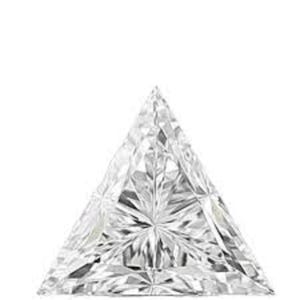 May include: A clear, colorless, triangular-shaped gemstone featuring a brilliant cut with multiple facets. The stone displays sharp, geometric edges and a pointed top, reflecting light through its transparent, crystalline structure.