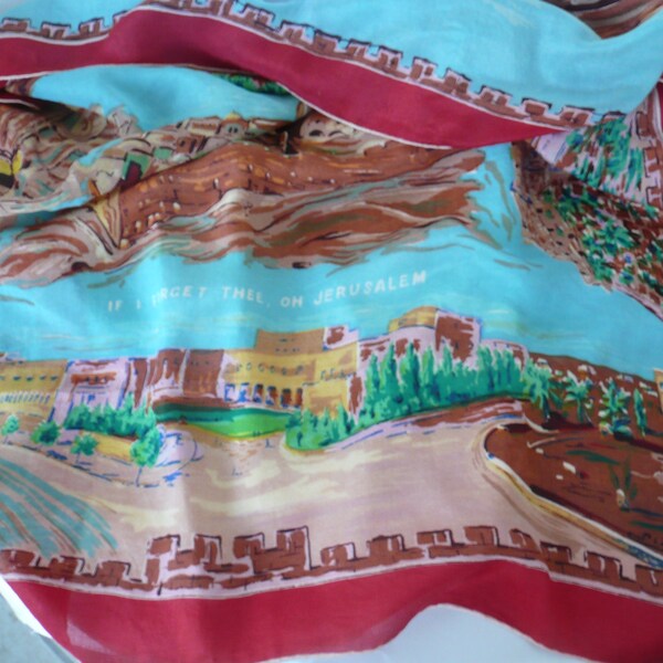 Scarf of Jerusalem in Earth Colors, Turquoise, Pink, Red, Brown, Green, and Yellow, Large Scenic Scarf, Beautiful 33 inch Square