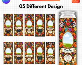 Dia de los Muertos Candle Template, Day of the Dead Candle Wrap, Sugar Skull Memorial Candle Label, Editable Canva, 5 Designs