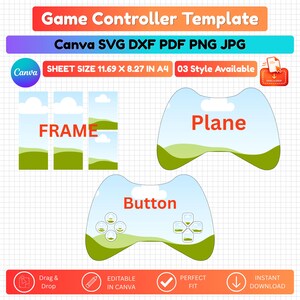 以下が含まれることがあります： 空と風景のパターンが特徴のデジタルゲームコントローラーテンプレート。デザインにはフレーム、プレーンなコントローラー形状、ボタン付きコントローラー形状が含まれています。シートサイズはA4判で29.7 x 21 cm、SVG、DXF、PDF、PNG、JPG形式で利用可能です。