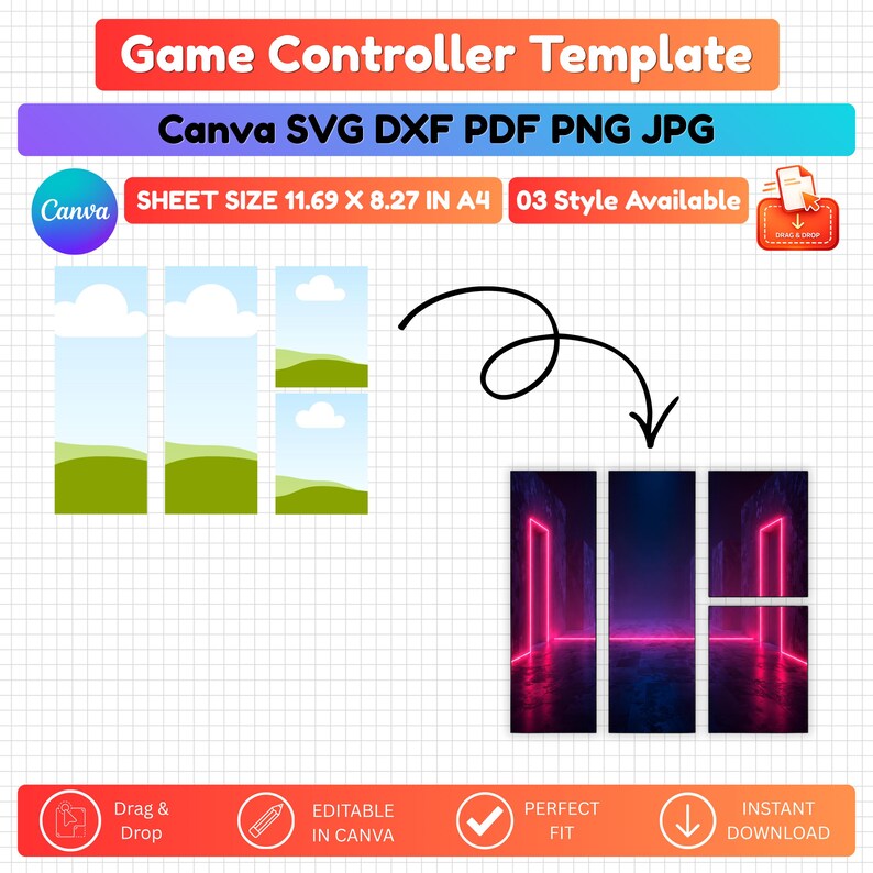 以下が含まれることがあります： Canva、SVG、DXF、PDF、PNG、JPG形式のデジタルゲームコントローラーテンプレート。シートサイズはA4の29.7 x 21 cmです。画像をドラッグ＆ドロップできる3つの垂直パネルレイアウトが表示されており、編集可能なデザインテンプレートとして提供されています。
