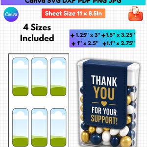 May include: A digital template for Tic Tac labels featuring the text Tic Tac Label Canva Template and Canva SVG DXF PDF PNG JPG. The sheet size is 27.94 x 21.59 cm with four label sizes: 3.18 x 7.62 cm, 3.81 x 8.26 cm, 2.54 x 6.35 cm, and 2.79 x 6.99 cm.