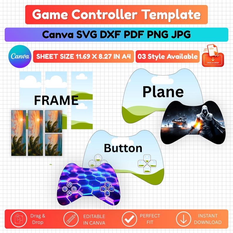 以下が含まれることがあります： SVG、DXF、PDF、PNG、JPG形式のゲームコントローラーテンプレートセット。シートサイズはA4で29.7 x 21 cm。フレーム、飛行機デザイン、紫色の六角形パターンを持つボタンレイアウトの3つのスタイルが含まれています。