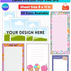 Puede incluir: Una plantilla de bloc de notas imprimible para Canva que incluye varios diseños, como un marcador de posición de paisaje, una hoja rayada con borde floral, una hoja con patrón naranja y el texto ONE DAY AT A TIME, helados y una lista de tareas con un oso.