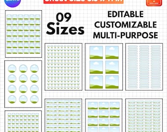 以下が含まれることがあります： Canva用のデジタルネームラベルテンプレート。8.5 x 11インチのシートに9種類のステッカーサイズが配置されています。レイアウトには、風景グラフィックが描かれた様々な長方形や円形のラベル形状が含まれており、編集可能で多目的に使用できることが示されています。
