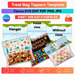 Può includere: Un modello digitale per etichette di sacchetti di dolciumi con le scritte Hanger, Punch Hole e Without Hole. L'immagine mostra tre esempi di sacchetti di plastica riempiti con intestazioni decorative, contenenti noci, caramelle e marshmallow.