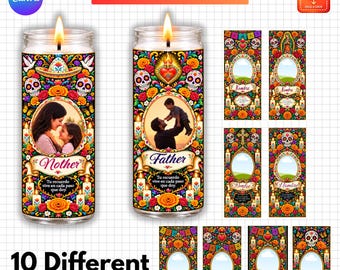 Dia de los Muertos Candle Template, Day of the Dead Candle Wrap, Sugar Skull Candle Label, Editable Canva, 10 Designs