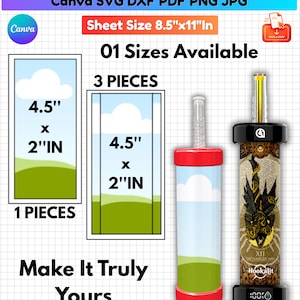 May include: Olit Hookah Pen Template digital file set including Canva, SVG, DXF, PDF, PNG, and JPG formats. Features 8.5 inch by 11 inch sheet size, 4.5 inch by 2 inch dimensions for 1 and 3 piece layouts, and a visual example of a decorated hookah pen.