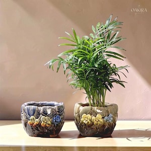 May include: Two ceramic planters with a textured, organic surface and raised floral accents. One planter is dark blue and grey, while the other is olive green and brown, containing a green palm plant. The text OAKIRA is visible in the corner.
