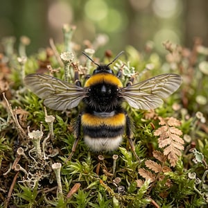 May include: A bumblebee with a fuzzy black and yellow striped body and translucent wings, resting on a patch of green moss and lichen. The insect features a distinct white tip on its abdomen and dark legs, captured in a detailed, top-down view.