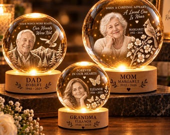 Luminária Noturna Personalizada em Cristal para Homenagem Póstuma, Presente Personalizado com Foto para Condolências, Perda da Mãe ou do Pai