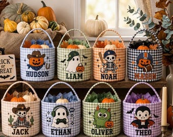 Gepersonaliseerde Halloween snoepmand, geruite 'Boo'-tas met naam (voor 'trick-or-treat')