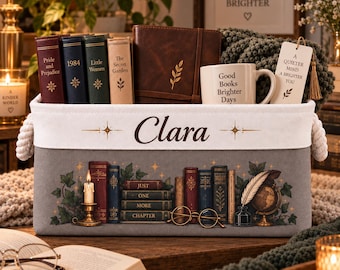 Cesto para livros personalizado estilo Dark Academia, caixa organizadora com nome personalizado, presente para amantes de livros e leitores.