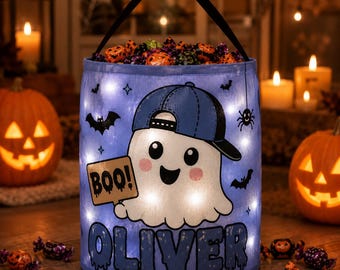 Bolsa de dulces de Halloween con nombre personalizado, cubo de dulces con forma de fantasma iluminado personalizado, bolsa LED para pedir dulces para niños