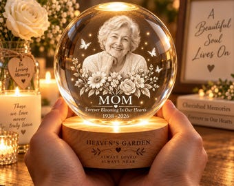 Custom Memorial Crystal Ball Night Light, Personalized Photo Engraved Sympathy Gift for Loss of Loved One