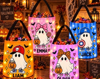 Gepersonaliseerde Halloween-trick-or-treat-tas, snoepemmer met LED-verlichting, Halloween-spookcadeau