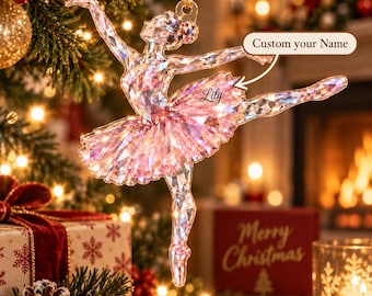 Gepersonaliseerd ornament voor een balletdanseres, met kristaleffect en eigen naam, cadeau voor een danseres, kerstherinnering.