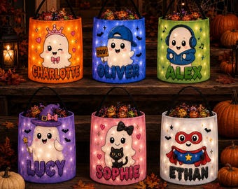 Gepersonaliseerde LED-spook snoepzak voor Halloween, snoepmand met eigen naam