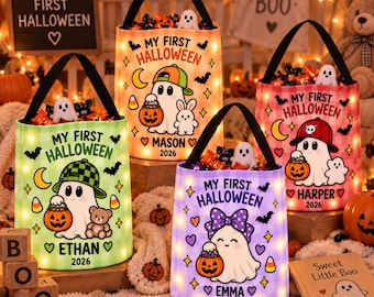 Gepersonaliseerde Halloween-trick-or-treat-tas voor baby's, snoepemmer met LED-verlichting (2026)