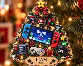 Gepersonaliseerd kerstornament voor gamers, met eigen naam en jaartal, acryl kerstboomversiering (2026)