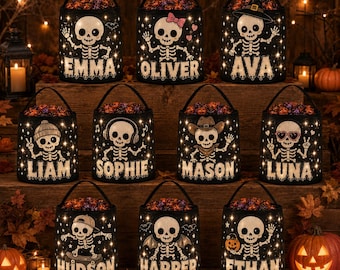 Gepersonaliseerde snoepzak met LED-skelet, Halloween snoepmand met eigen naam