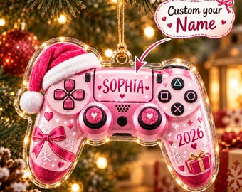 Gepersonaliseerde naam gamecontroller-kerstcontrollerversiering, roze kerstboomdecoratie voor gamers, gepersonaliseerd cadeau voor een gamer meisje 2026