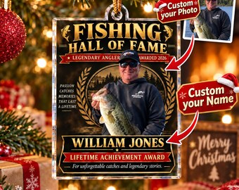 Enfeite de Natal personalizado com foto de pescador, Pescador do Ano, Presente de Natal personalizado para o pai pescador.