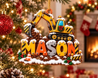 Gepersonaliseerd kerstornament in de vorm van een graafmachine, ornament met eigen naam voor jongens, kerstboomversiering cadeau