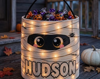 Gepersonaliseerde LED-mummie snoepzak voor Halloween, snoepmand met eigen naam