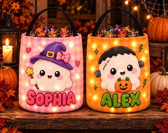 Halloween-Süßigkeitenkorb, LED-beleuchteter Süßigkeiteneimer, personalisierbar mit Namen, Geschenkidee für Süßes oder Saures