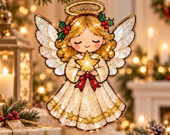 Echt glazen kerstornament, stralende glas-in-lood kerstboomversiering, kerstengel als aandenken