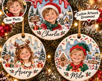 Custom Photo Ornament for Kids, Personalized Ceramic Christmas Ornament, Baby Candy Style, Child Gift