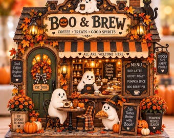 Boo & Brew Halloween houten blokbord, spookachtige koffiebar decoratie, griezelige herfst etagère