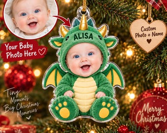 Fotoornament voor baby's op maat, drakenkostuum, gepersonaliseerd kerstcadeau voor pasgeborenen, aandenken aan de eerste kerst